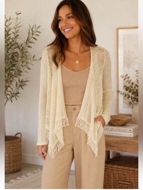 🎄🎯 Ivory Fringe Open Knit Open Front Cardigan Boho Lightweight Sweater NWT Small